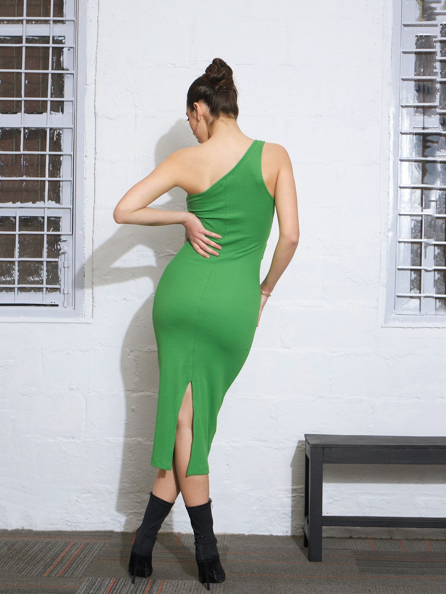 Green Rib One Shoulder Waist Cut Out Bodycon Dress