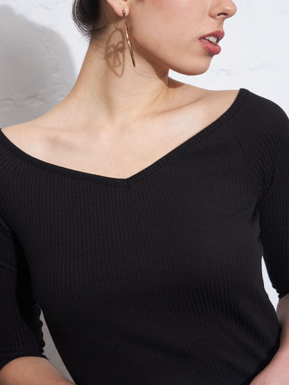Black Rib Off-Shoulder Bodycon Dress