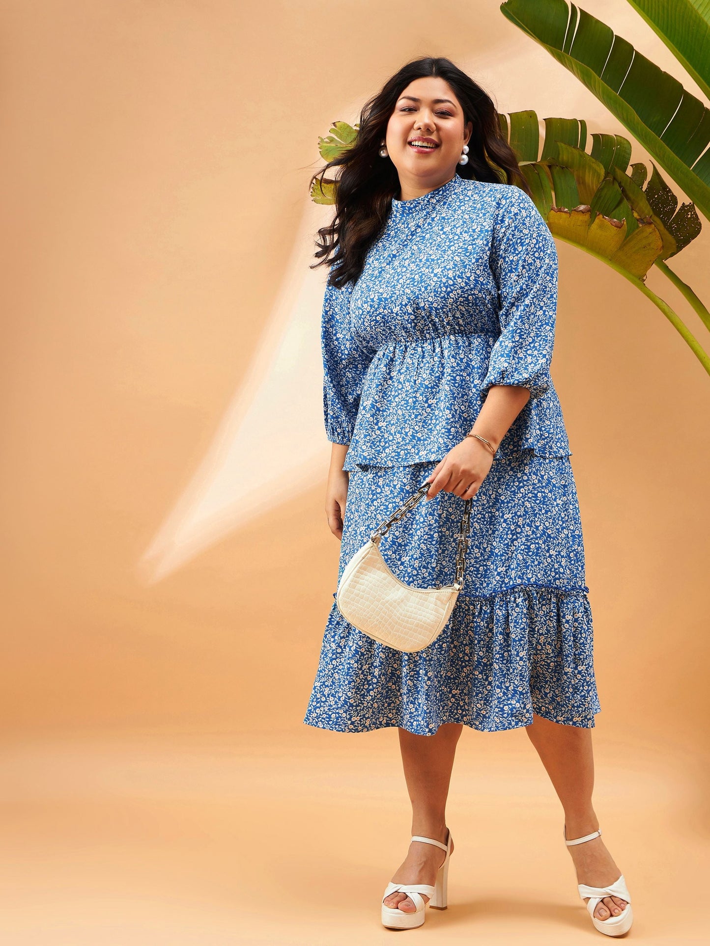 Blue Floral Printed Tiered Midi Dress