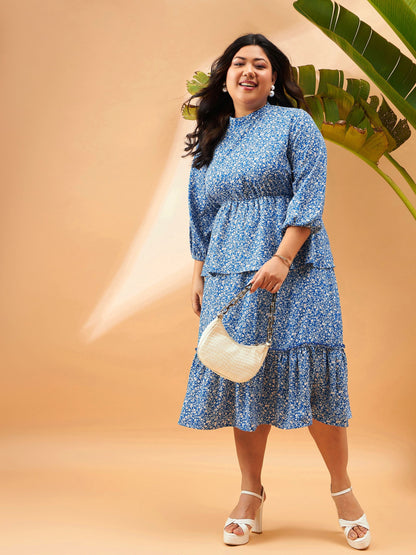 Blue Floral Printed Tiered Midi Dress