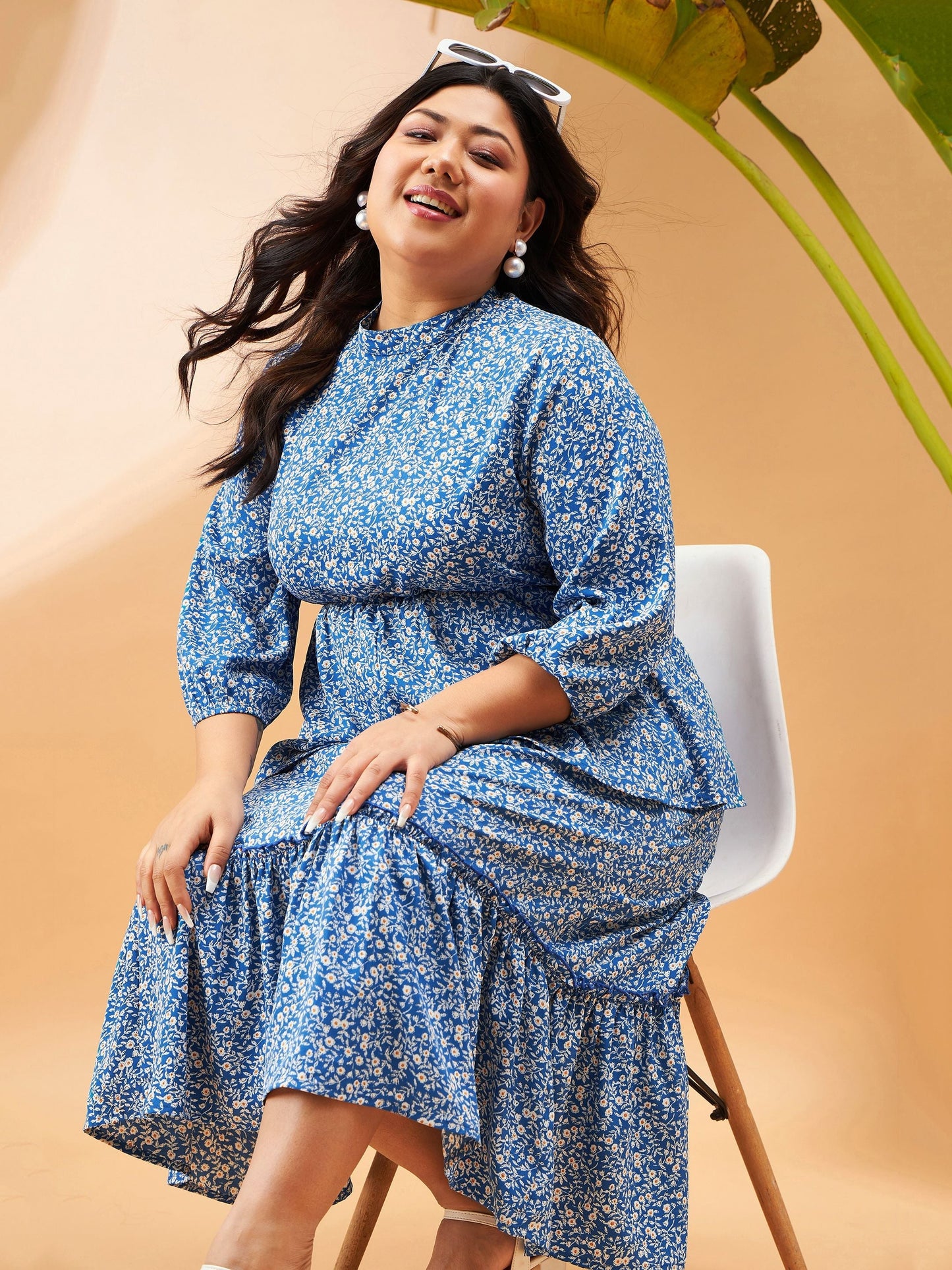 Blue Floral Printed Tiered Midi Dress