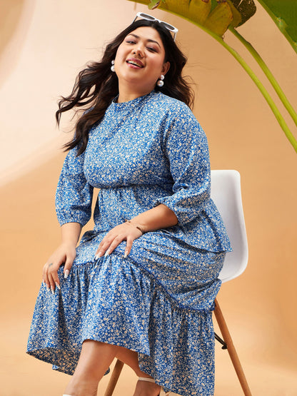 Blue Floral Printed Tiered Midi Dress