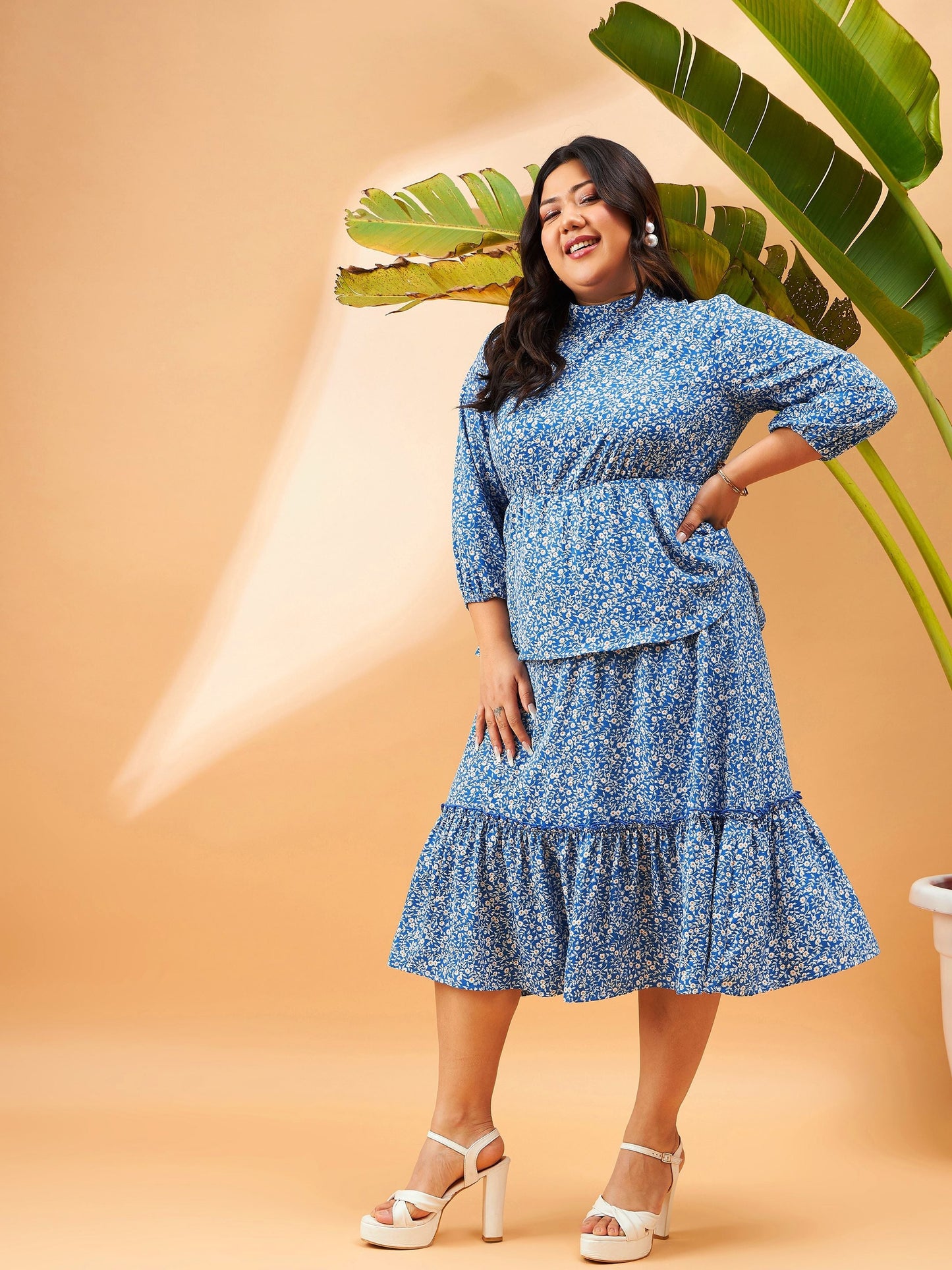 Blue Floral Printed Tiered Midi Dress