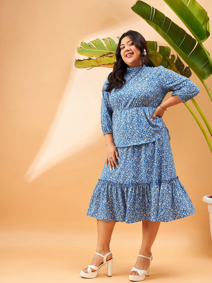 Blue Floral Printed Tiered Midi Dress