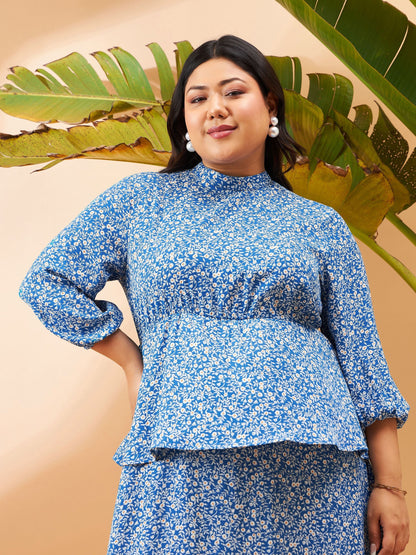 Blue Floral Printed Tiered Midi Dress