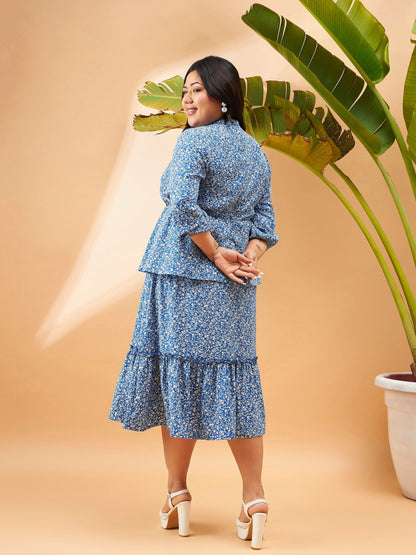 Blue Floral Printed Tiered Midi Dress