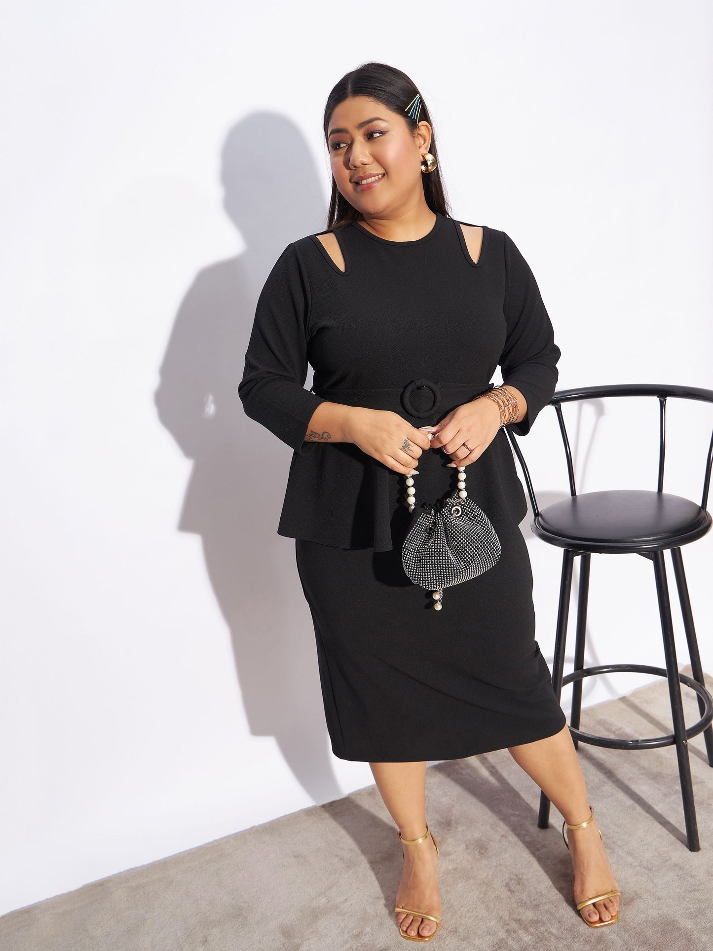 Plus size women's Black Karera Crepe Black Front Peplum Bodycon Dress by Sassafras Curve for wholesale buyers, boutiques, resellers and bulk orders