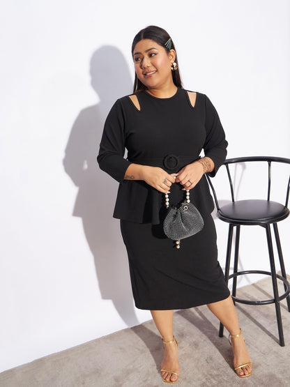 Plus size women's Black Karera Crepe Black Front Peplum Bodycon Dress by Sassafras Curve for wholesale buyers, boutiques, resellers and bulk orders