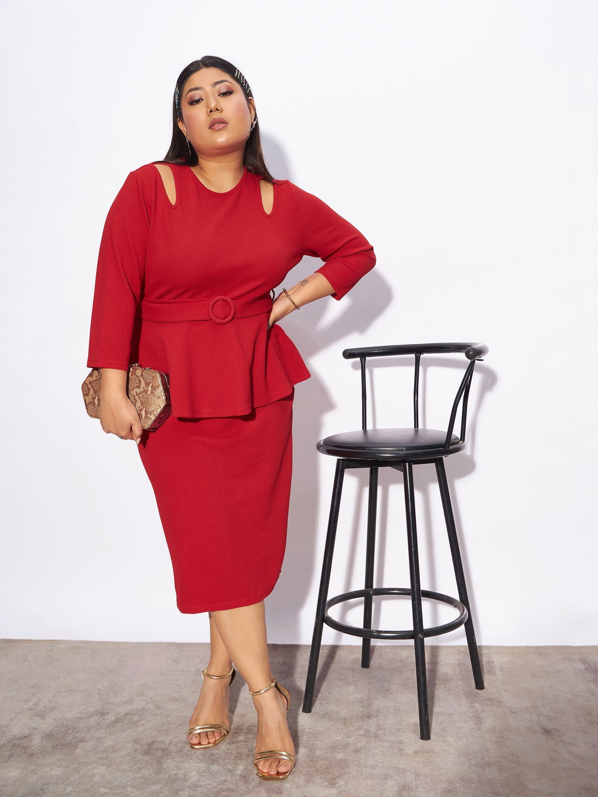 Plus size women's Red Karera Crepe Red Front Peplum Bodycon Dress by Sassafras Curve for wholesale buyers, boutiques, resellers and bulk orders from