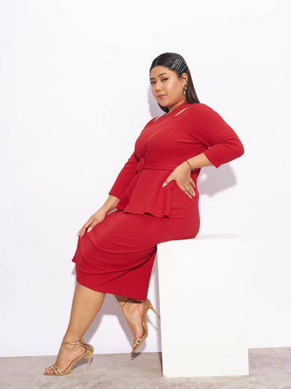 Red Front Peplum Bodycon Dress-SASSAFRAS Curve