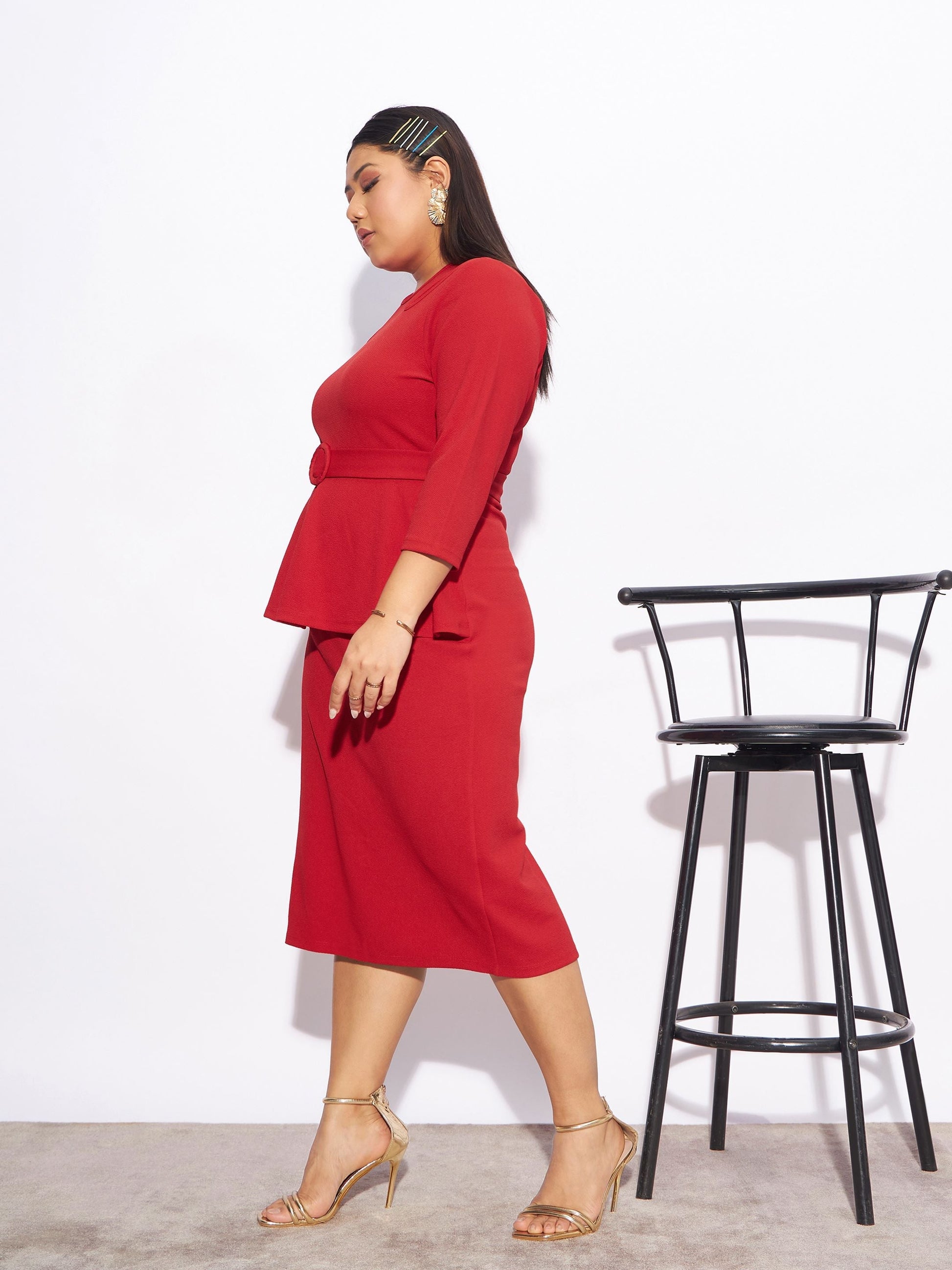 Red Front Peplum Bodycon Dress-SASSAFRAS Curve