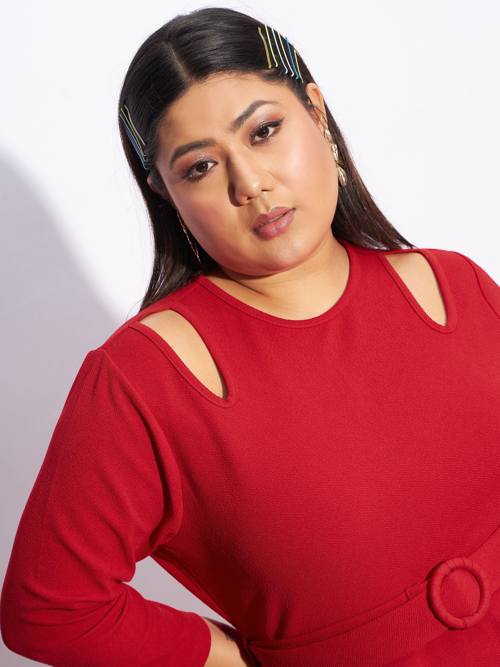 Red Front Peplum Bodycon Dress-SASSAFRAS Curve