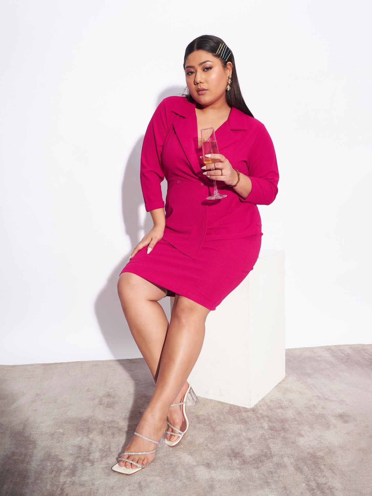 Plus size women's Fuchsia Karera Crepe Fuchsia Blazer Detail Bodycon Dress by Sassafras Curve for wholesale buyers, boutiques, resellers and bulk