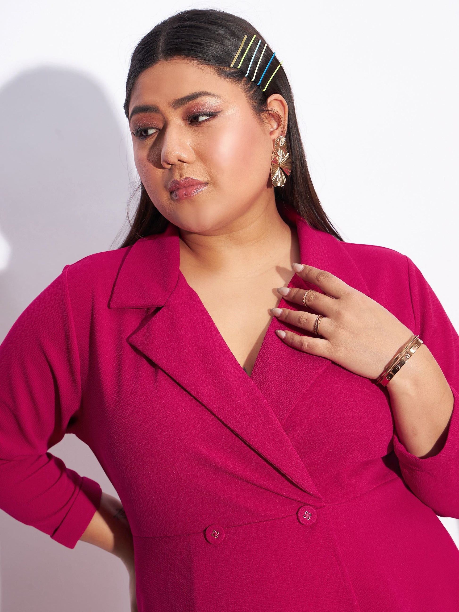 Fuchsia Blazer Detail Bodycon Dress-SASSAFRAS Curve