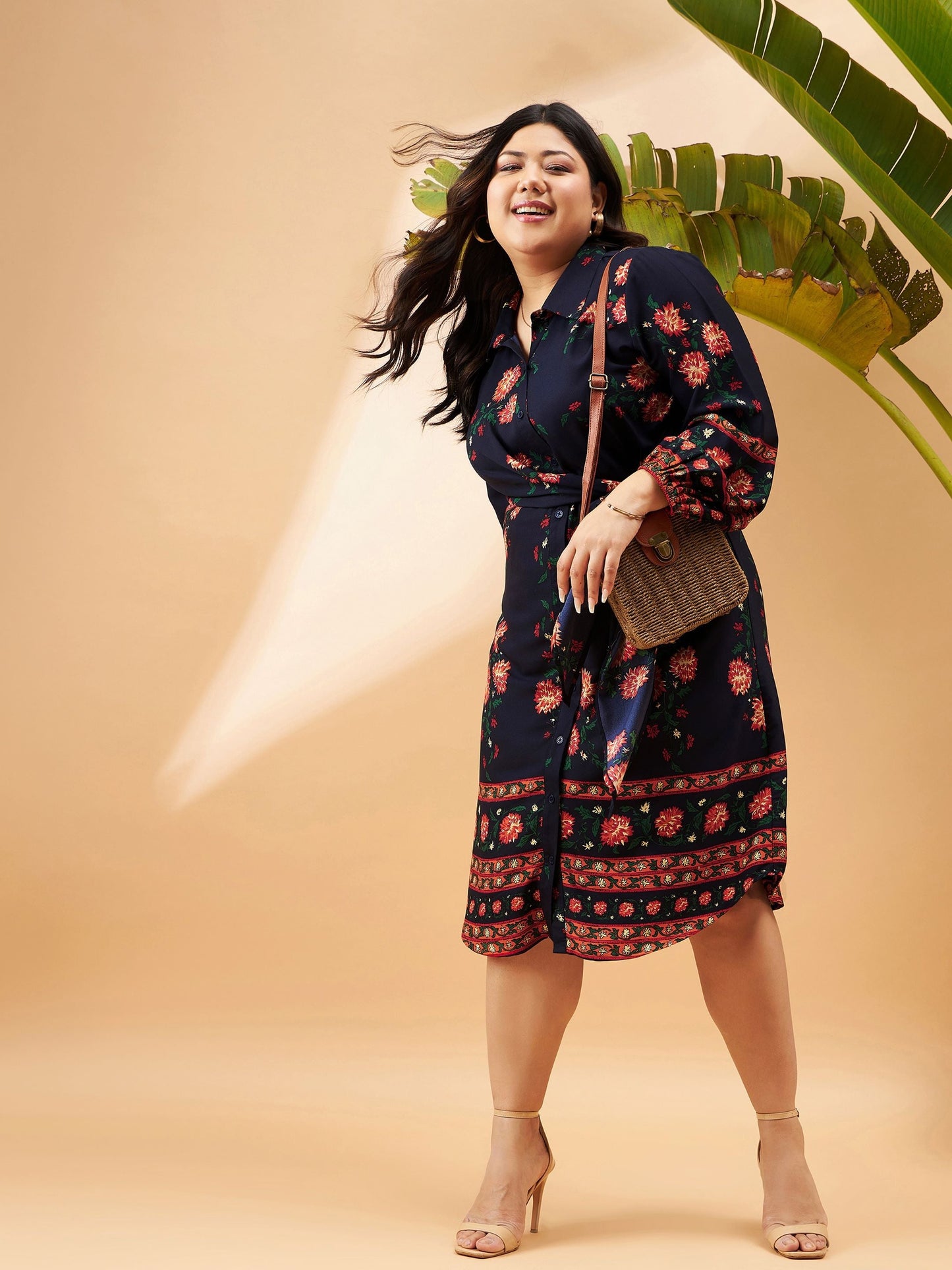 Navy Floral Tie Up Detail Shirt Dress