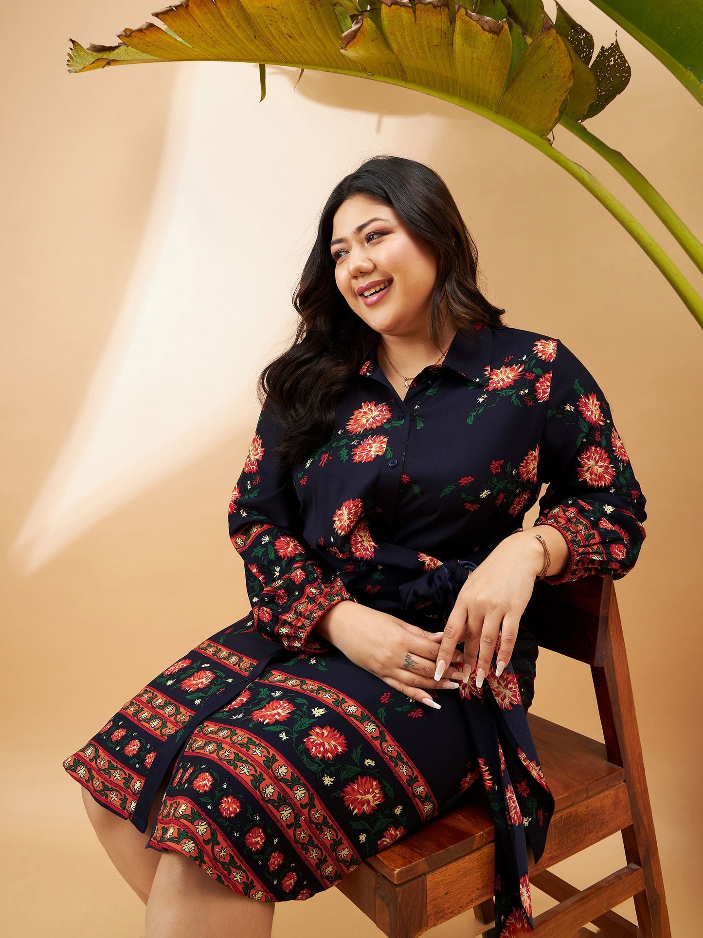 Navy Floral Tie Up Detail Shirt Dress