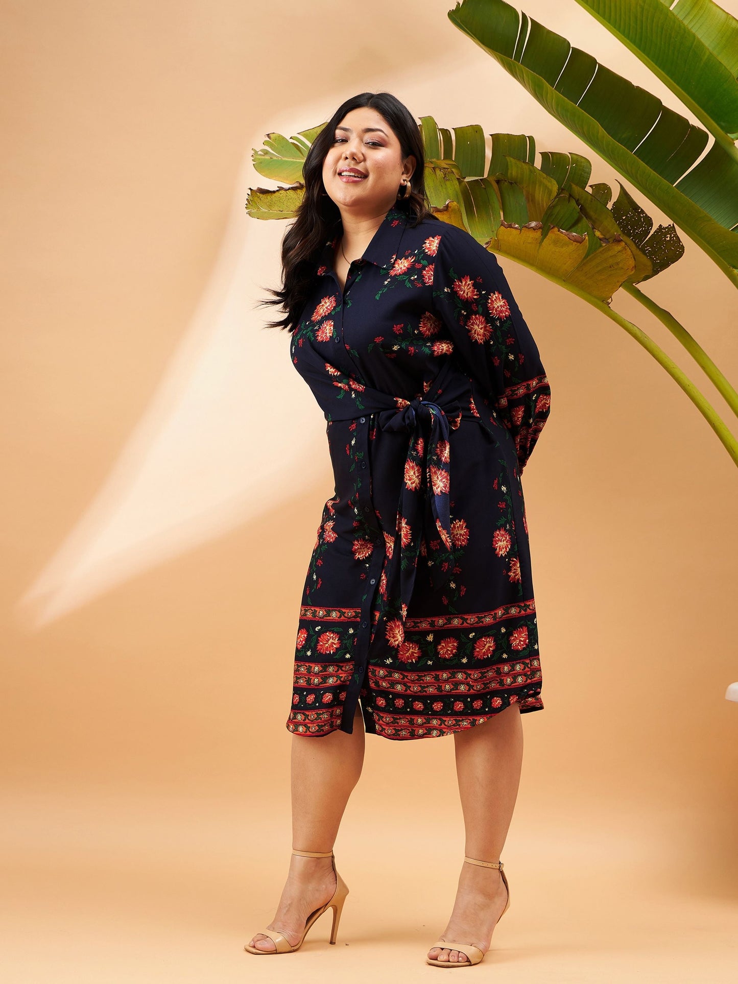 Navy Floral Tie Up Detail Shirt Dress