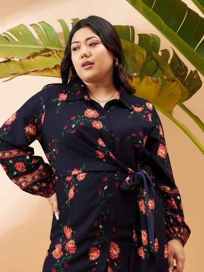 Navy Floral Tie Up Detail Shirt Dress