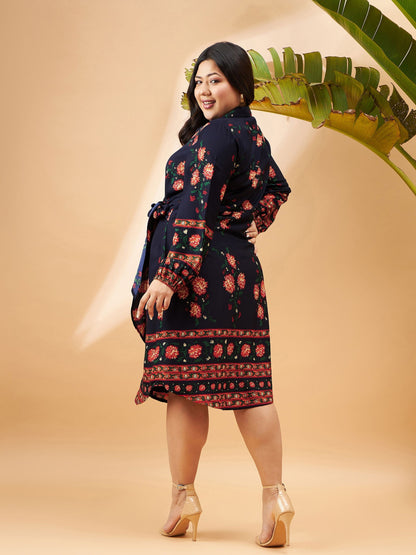 Navy Floral Tie Up Detail Shirt Dress