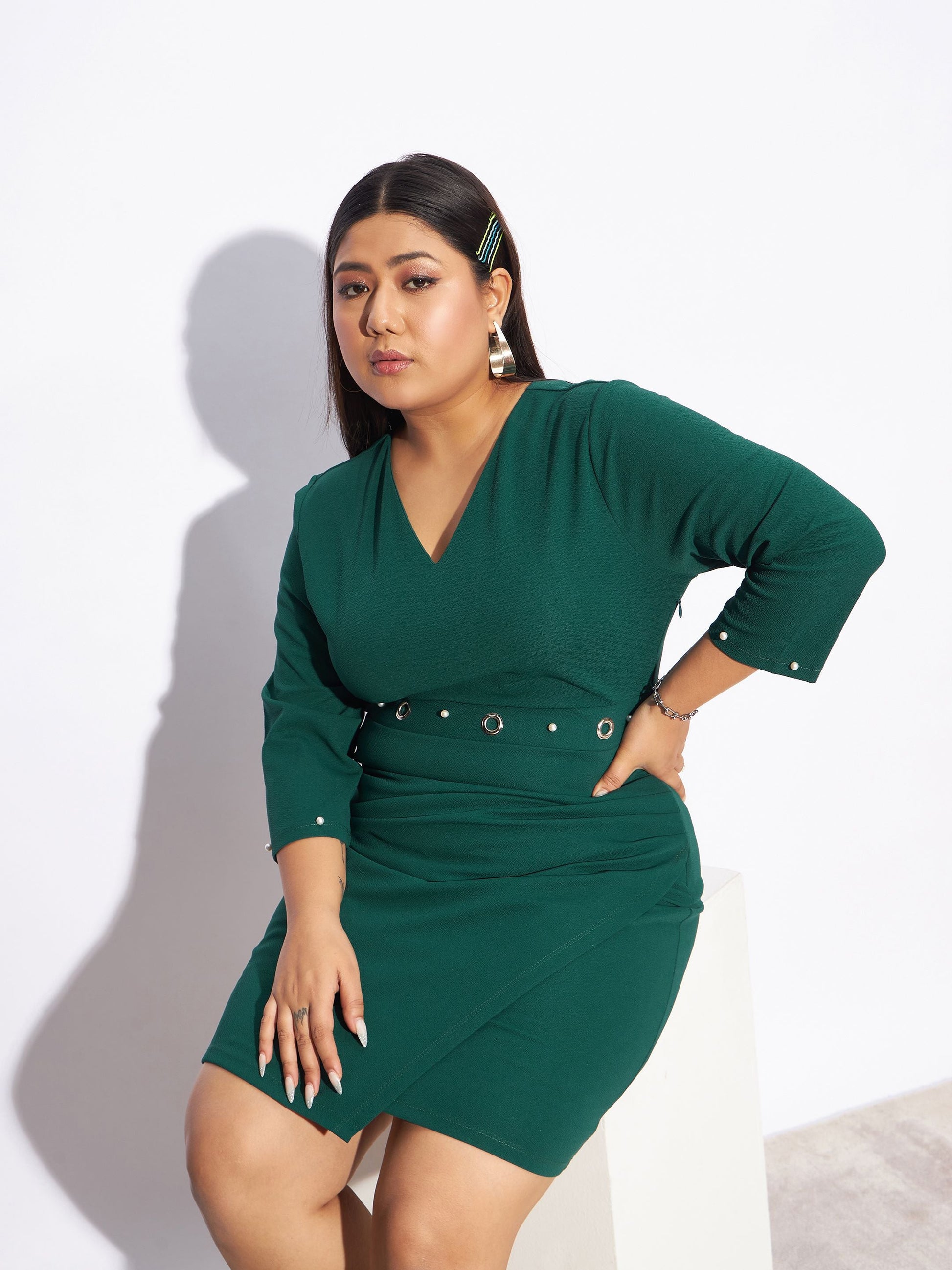 Emerald Green Eyelet Detail Bodycon Dress-SASSAFRAS Curve