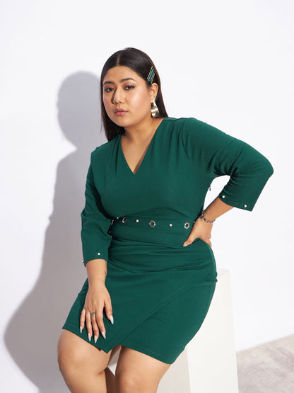 Emerald Green Eyelet Detail Bodycon Dress-SASSAFRAS Curve