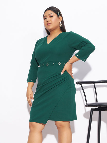 Emerald Green Eyelet Detail Bodycon Dress-SASSAFRAS Curve