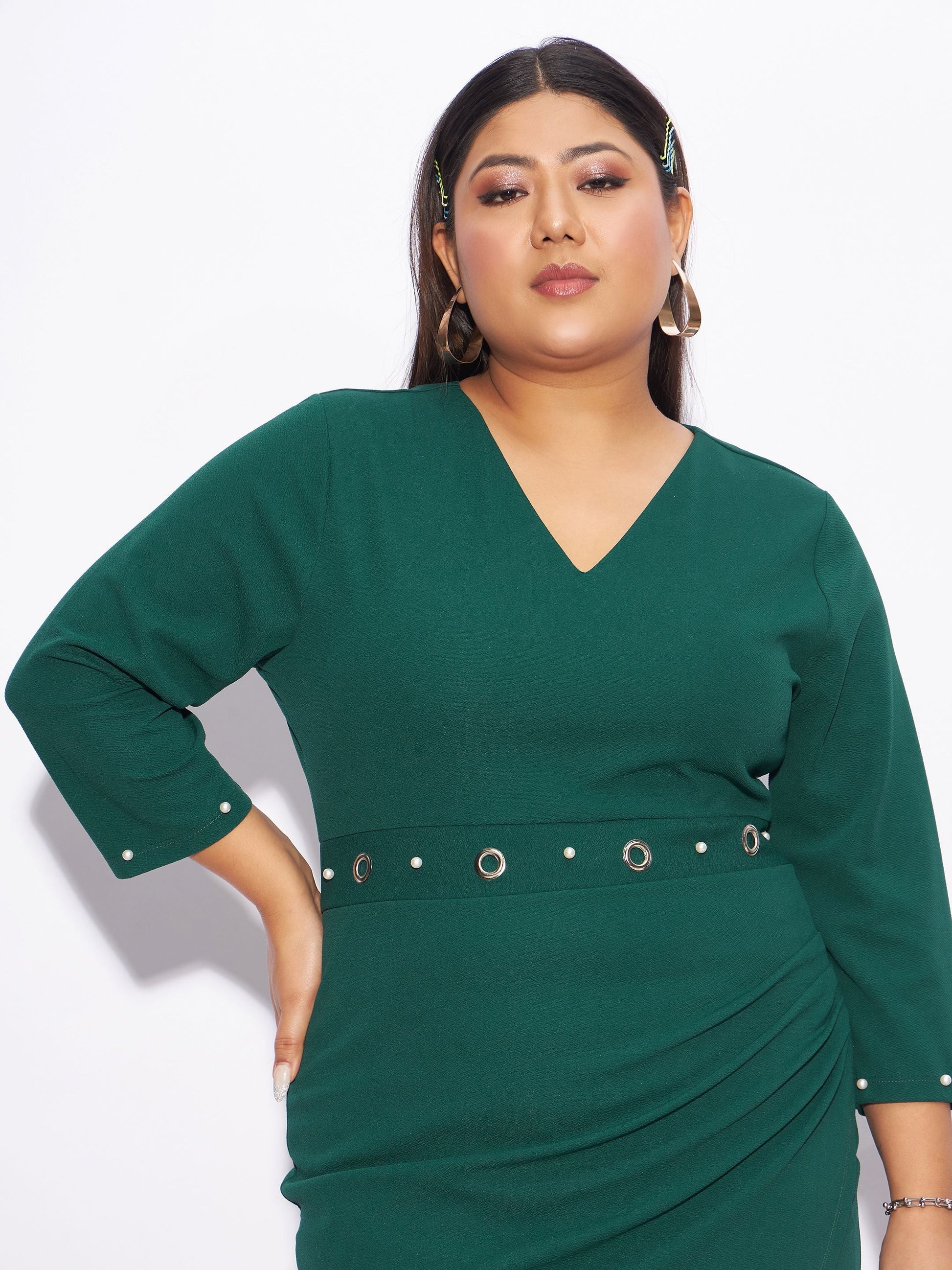 Emerald Green Eyelet Detail Bodycon Dress-SASSAFRAS Curve