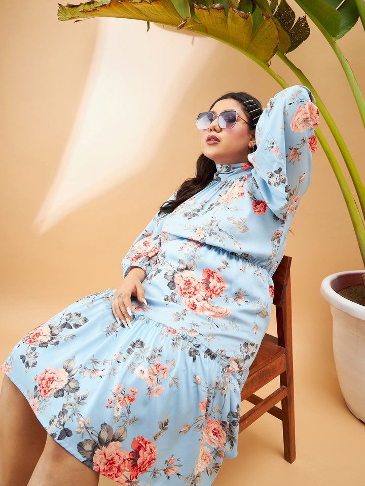 Turquoise Blue Floral Tiered Skater Dress-SASSAFRAS Curve