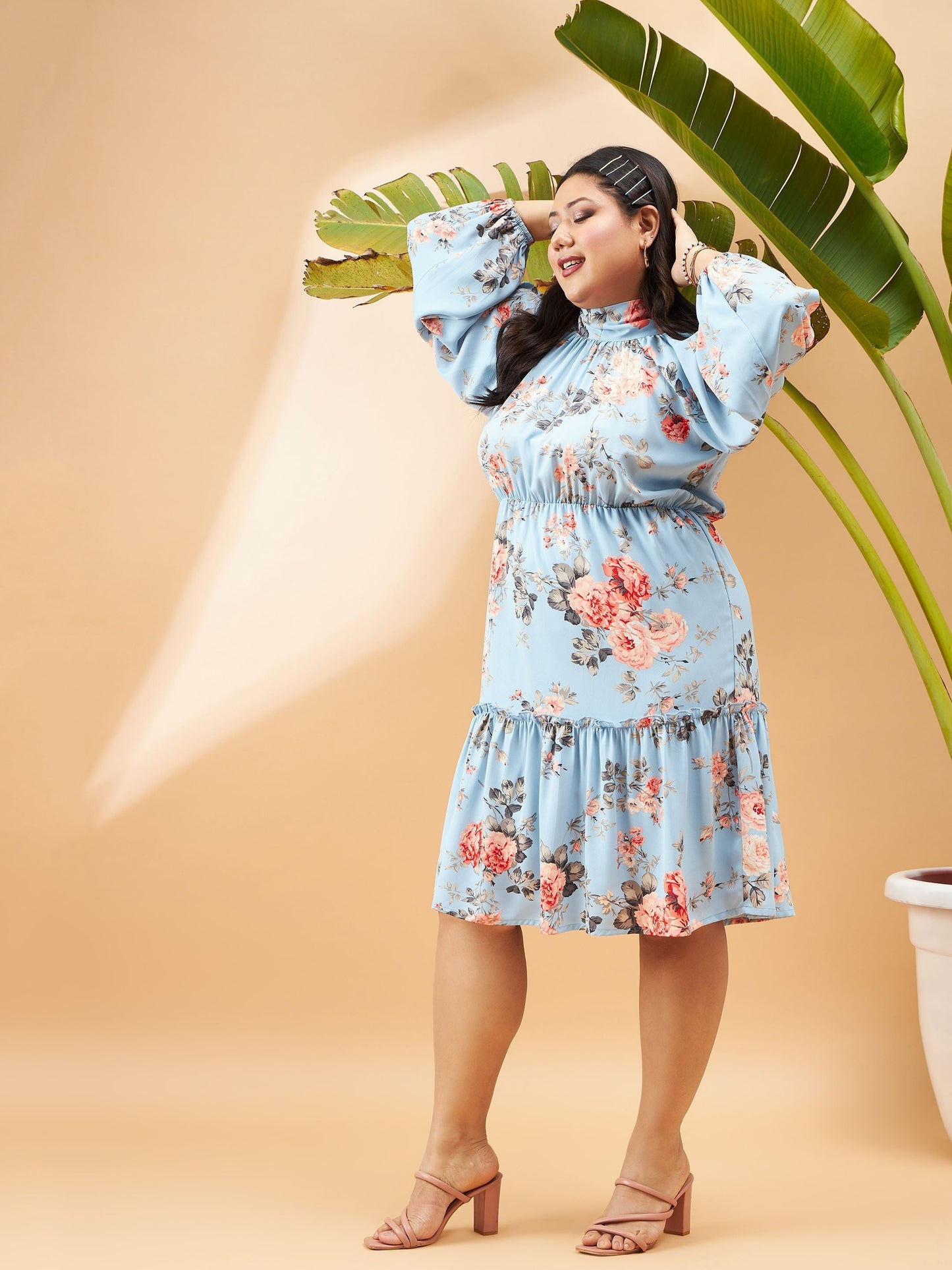 Turquoise Blue Floral Tiered Skater Dress-SASSAFRAS Curve
