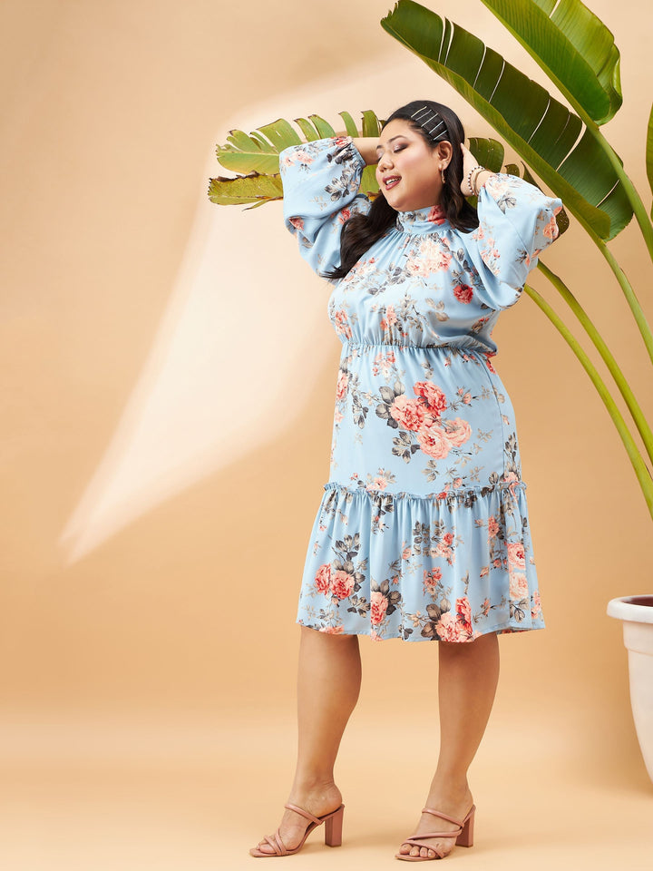Turquoise Blue Floral Tiered Skater Dress-SASSAFRAS Curve