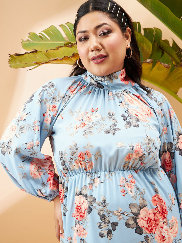 Turquoise Blue Floral Tiered Skater Dress-SASSAFRAS Curve