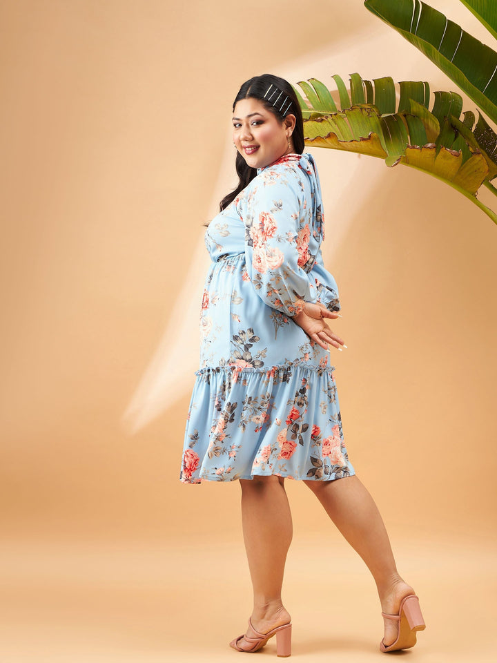 Turquoise Blue Floral Tiered Skater Dress-SASSAFRAS Curve