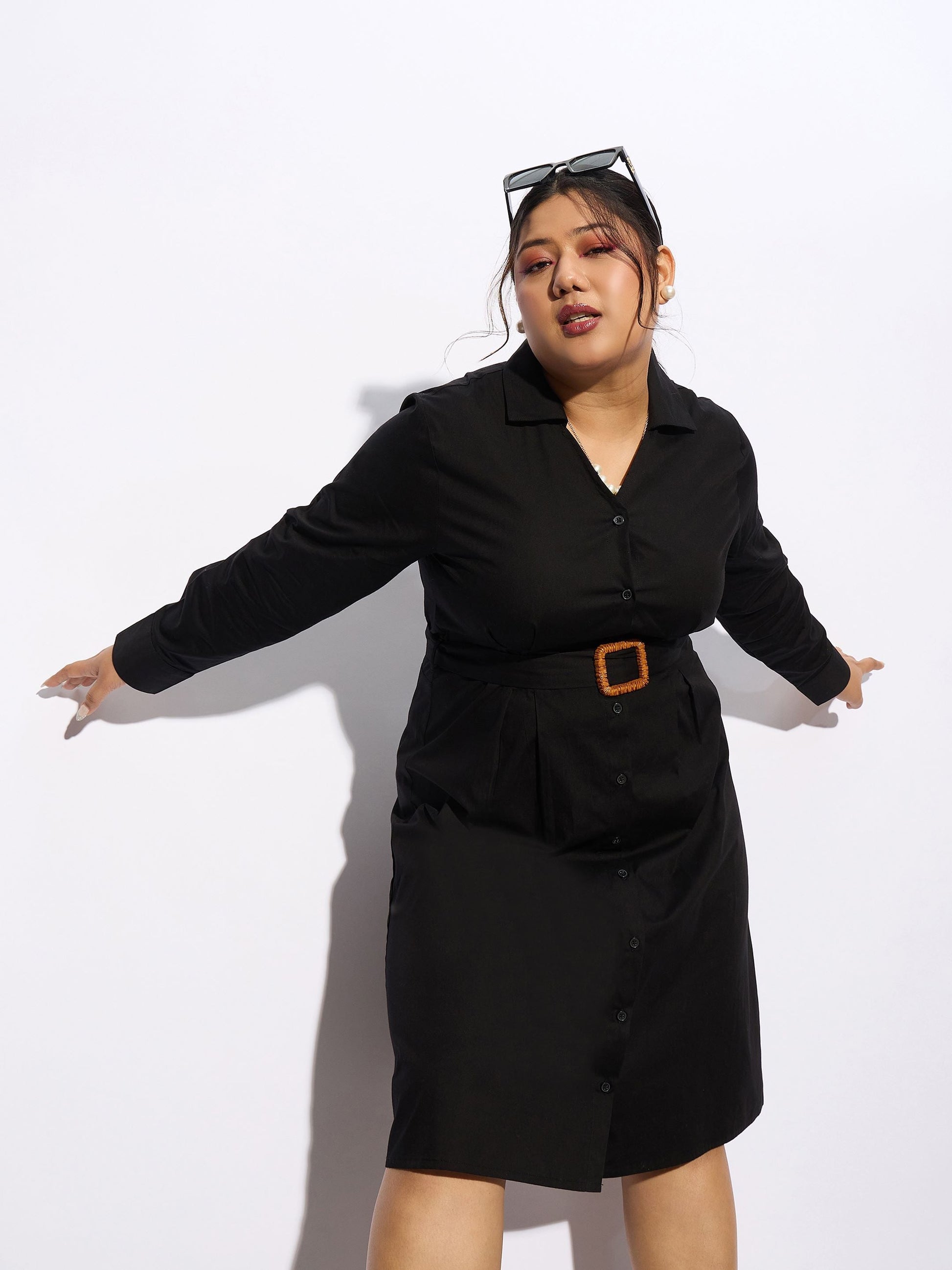 Black Poplin Belted Shirt Dress-SASSAFRAS Curve