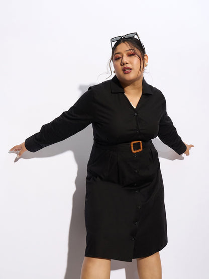 Black Poplin Belted Shirt Dress-SASSAFRAS Curve