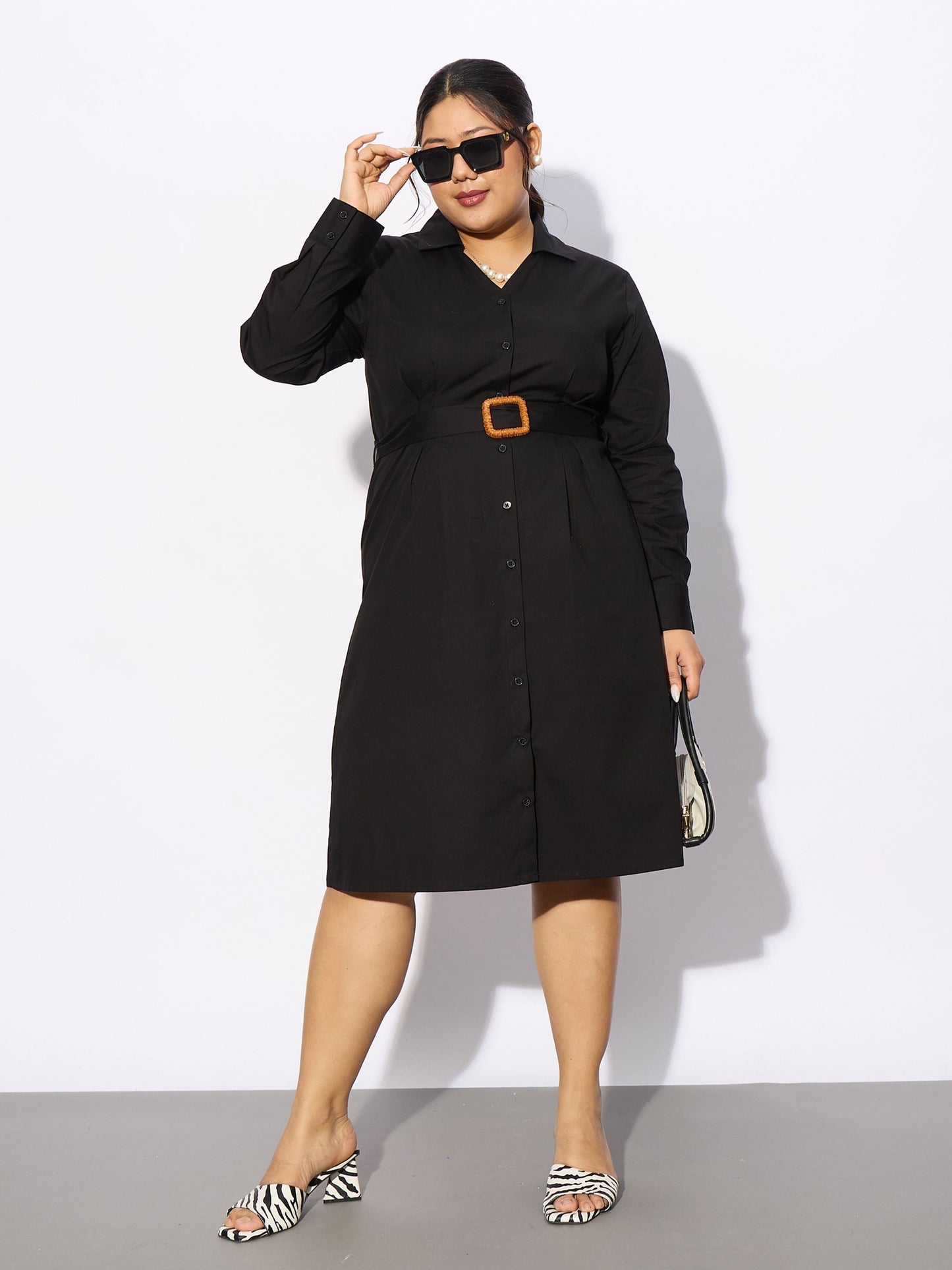 Black Poplin Belted Shirt Dress-SASSAFRAS Curve