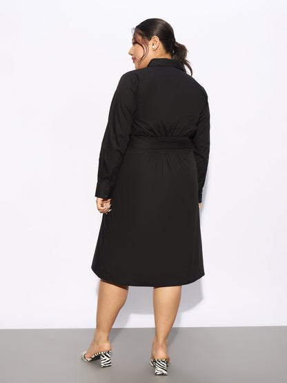Black Poplin Belted Shirt Dress-SASSAFRAS Curve