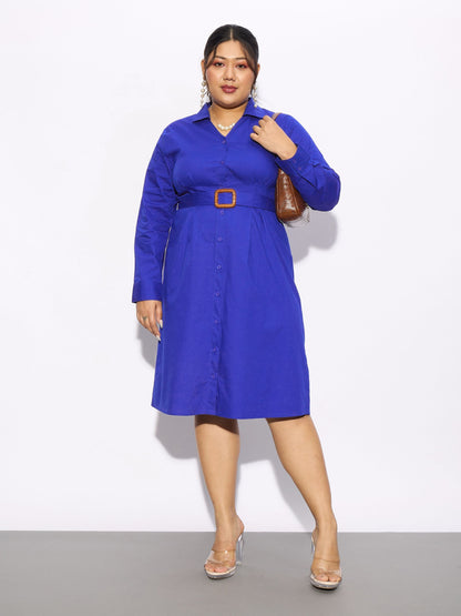 Royal Blue Poplin Belted Shirt Dress