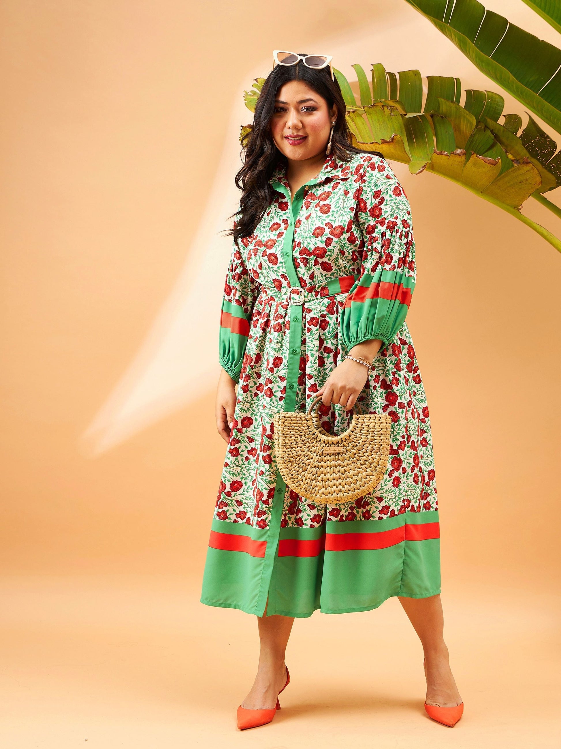 Plus size women's Green Georgette Green Floral Belted Midi Shirt Dress by Sassafras Curve for wholesale buyers, boutiques, resellers and bulk orders