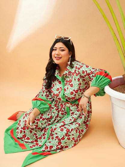 Green Floral Belted Midi Shirt Dress-SASSAFRAS Curve