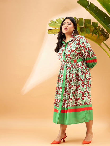 Green Floral Belted Midi Shirt Dress-SASSAFRAS Curve
