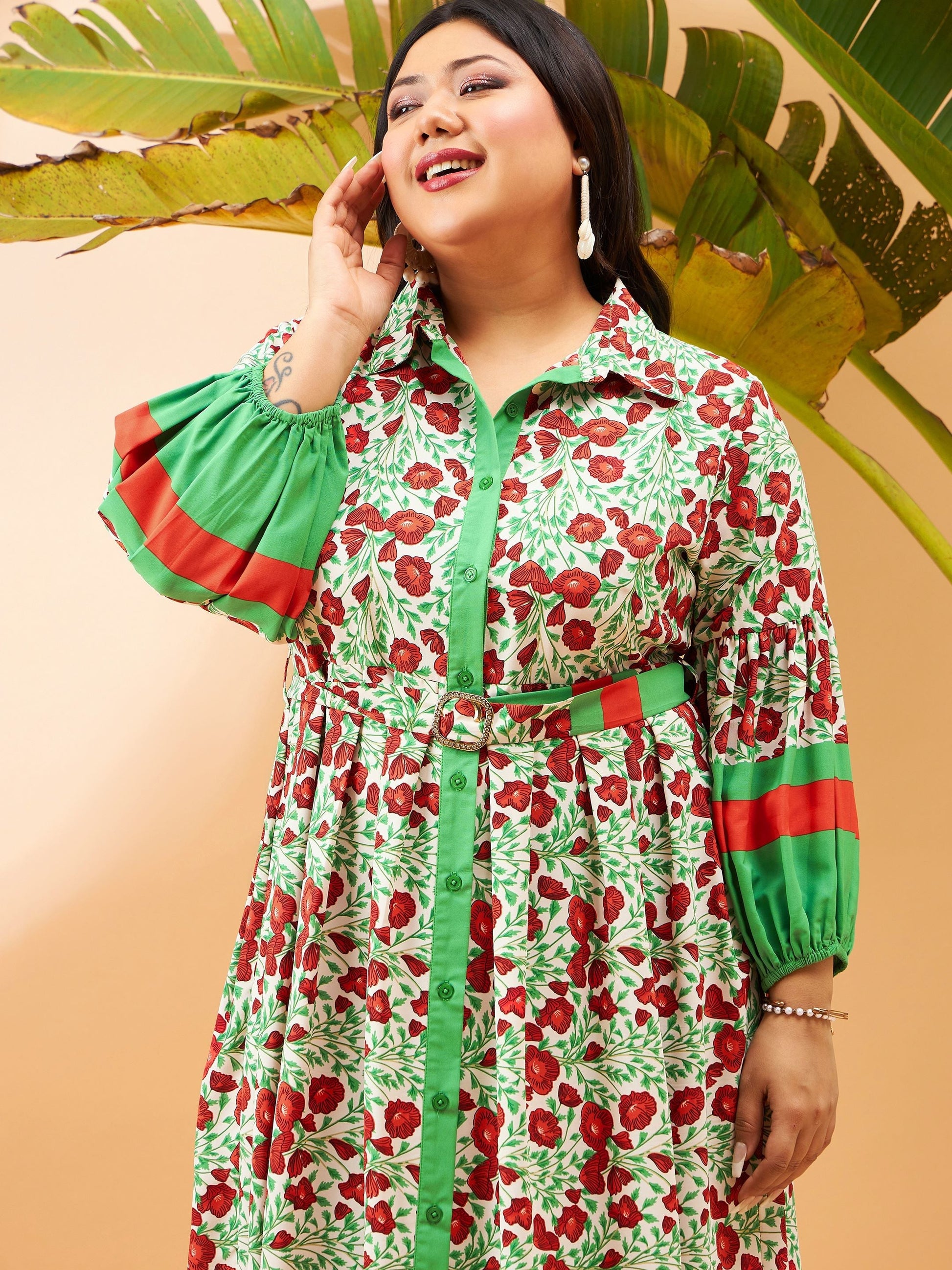 Green Floral Belted Midi Shirt Dress-SASSAFRAS Curve