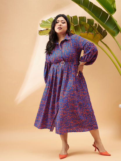 Red Printed Belted Midi Shirt Dress