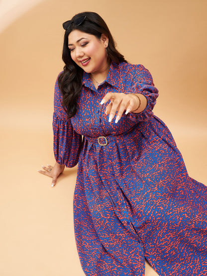 Red Printed Belted Midi Shirt Dress