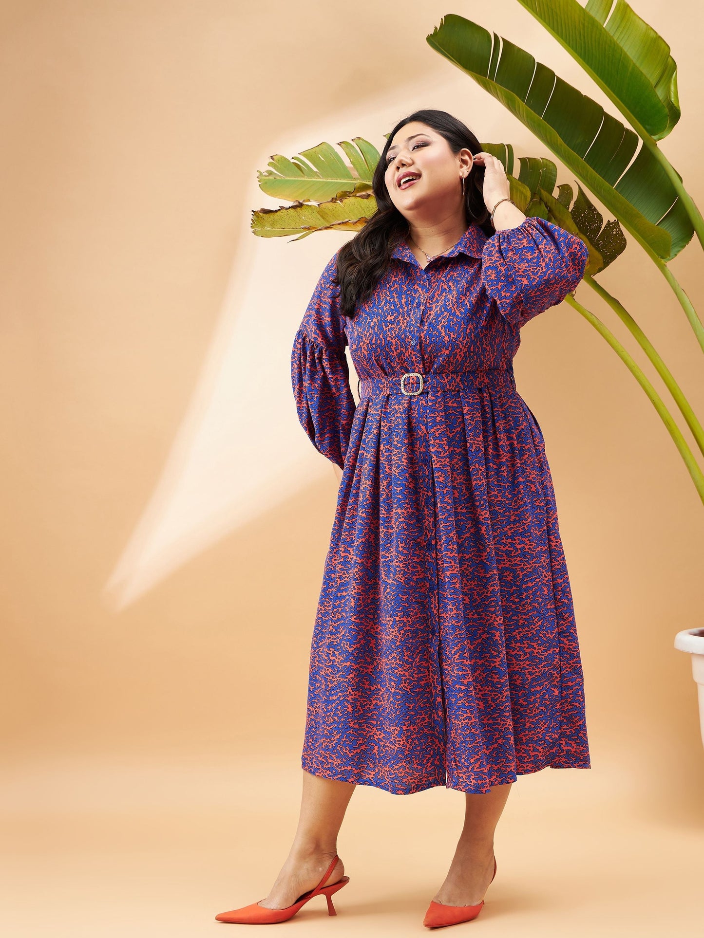 Red Printed Belted Midi Shirt Dress