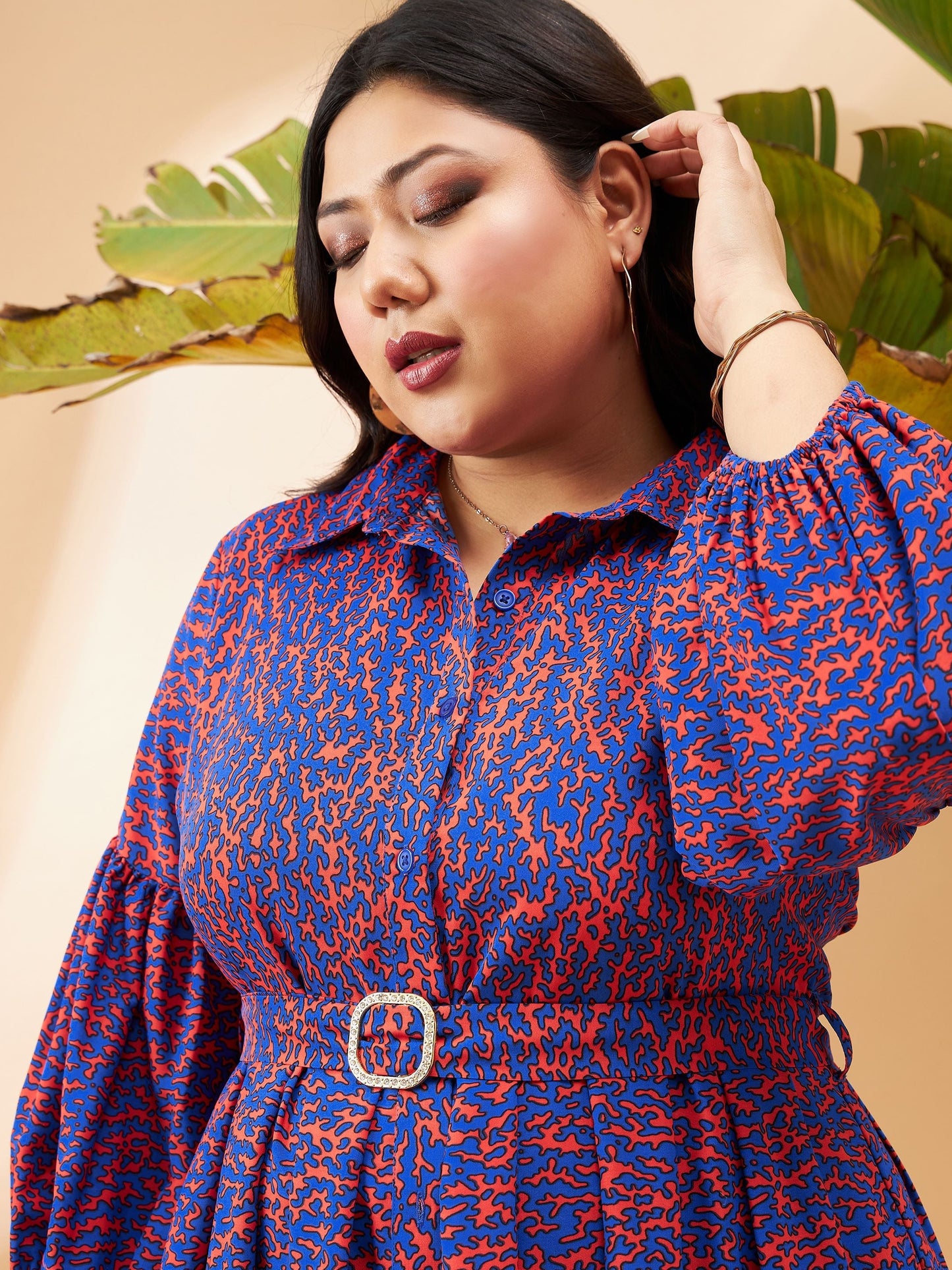 Red Printed Belted Midi Shirt Dress
