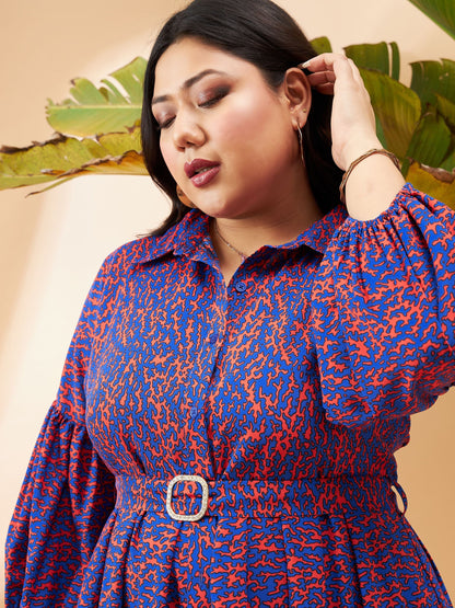 Red Printed Belted Midi Shirt Dress