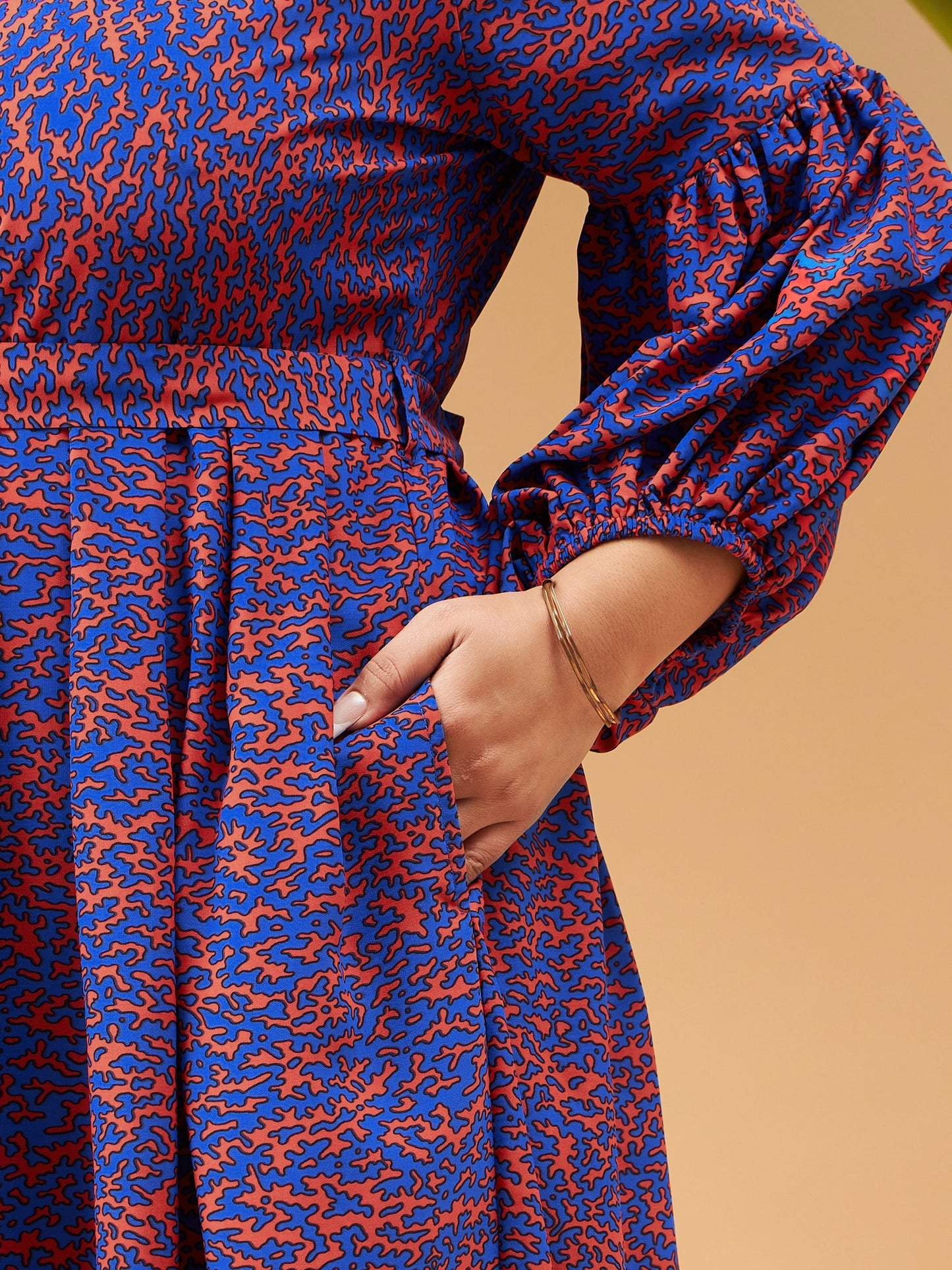 Red Printed Belted Midi Shirt Dress