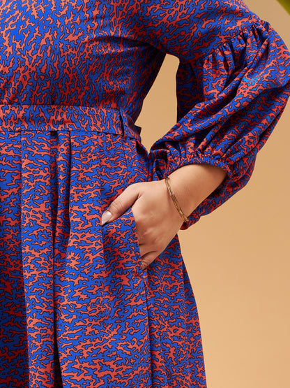 Red Printed Belted Midi Shirt Dress