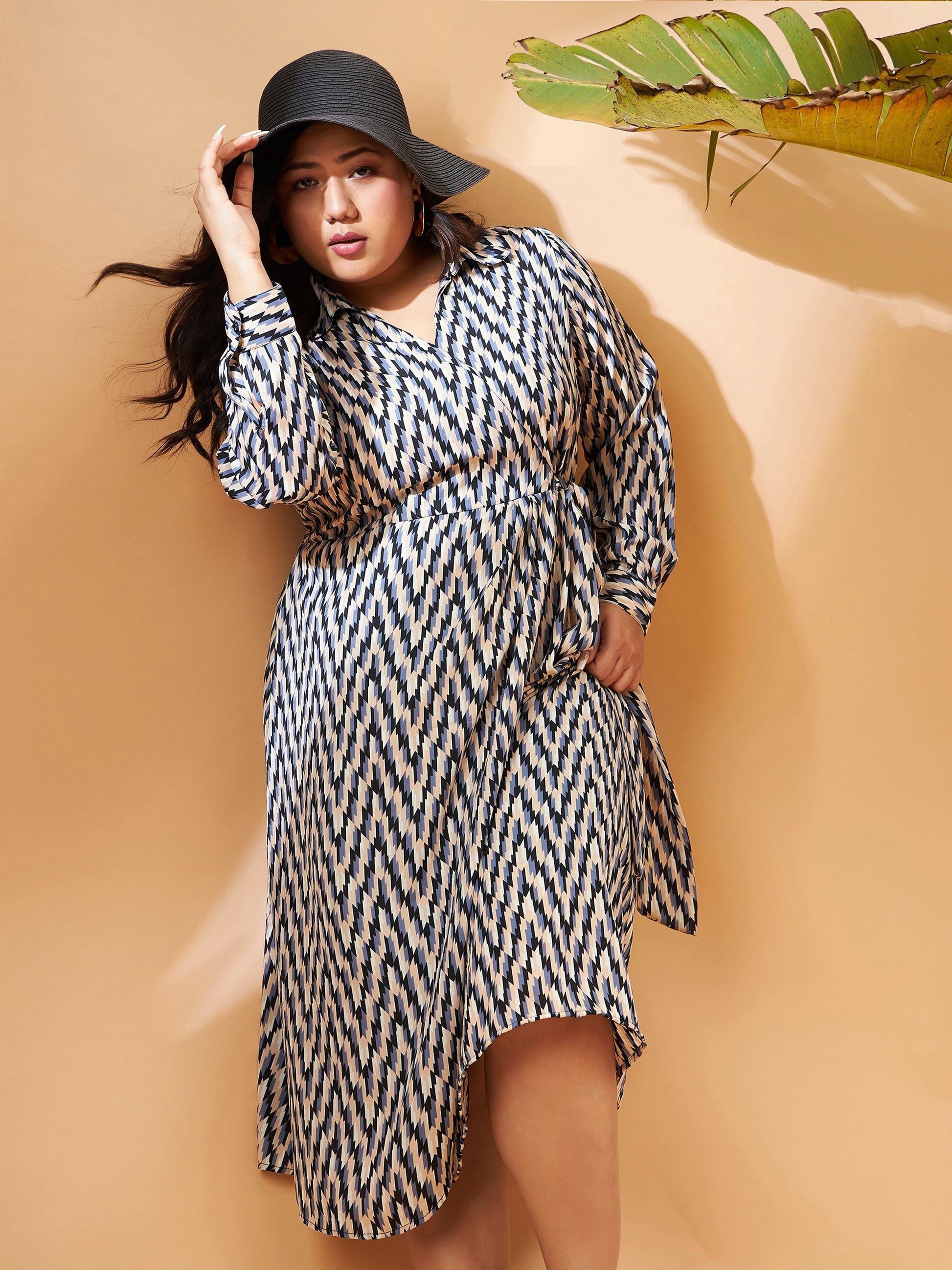 Plus size women's Black Polyester Black & White Geometric Printed Wrap Dress by Sassafras Curve for wholesale buyers, boutiques, resellers and bulk