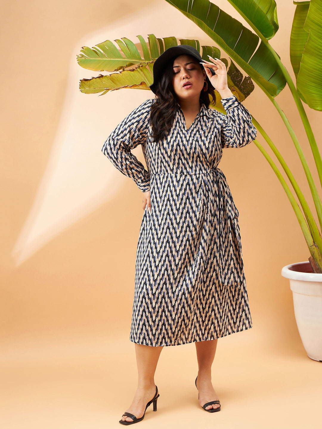 Black &amp; White Geometric Printed Wrap Dress-SASSAFRAS Curve
